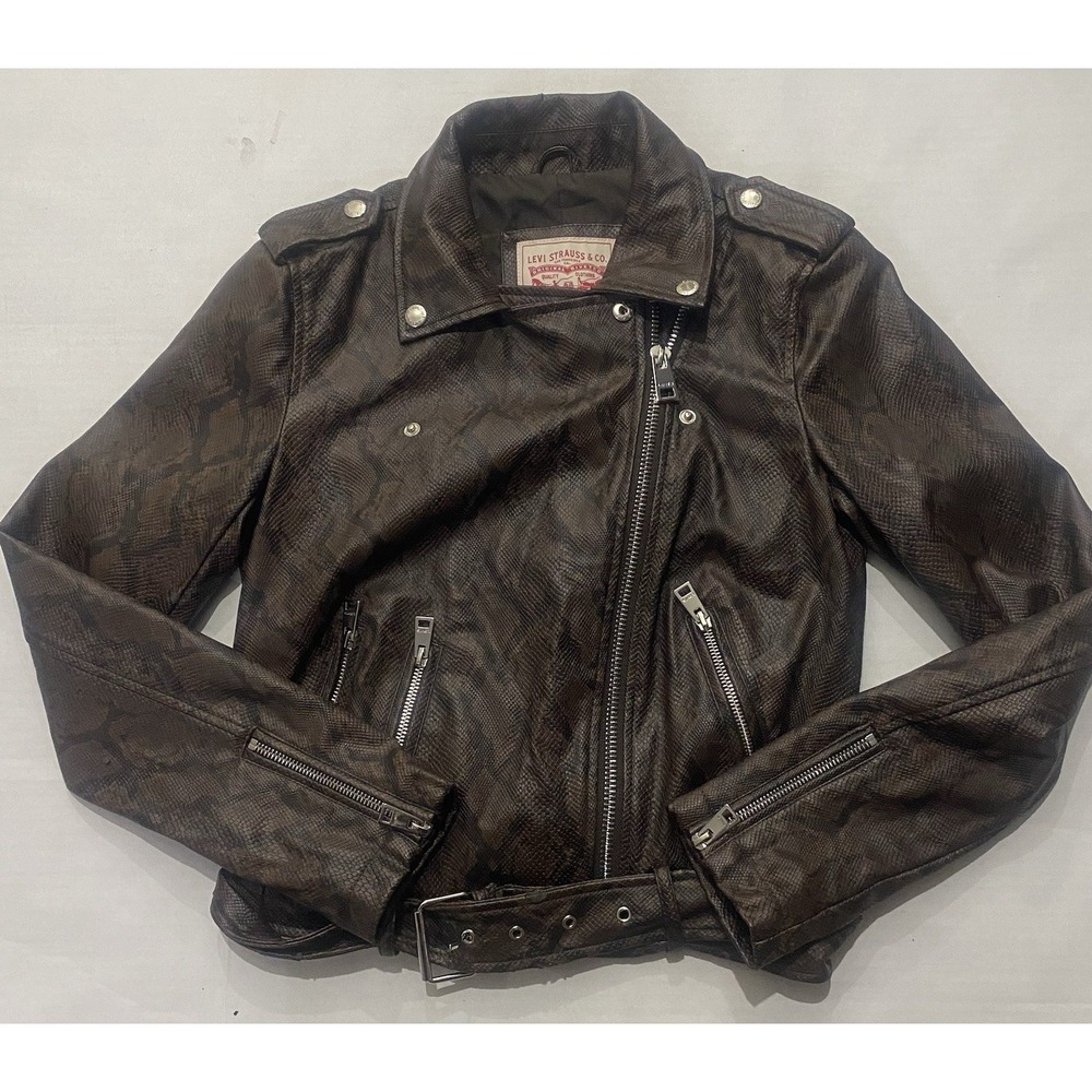Levi's Women's Faux-Leather Python Snake Print Motorcycle Jacket Brown Size S